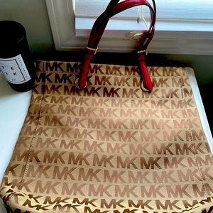 Large red and brown signature Michael Kors tote bag